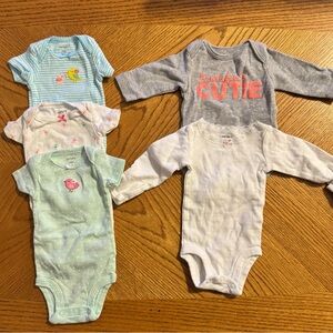 Lot of 5 Carter's Baby Onesies - Mint, Light Blue, White, Gray, Pink